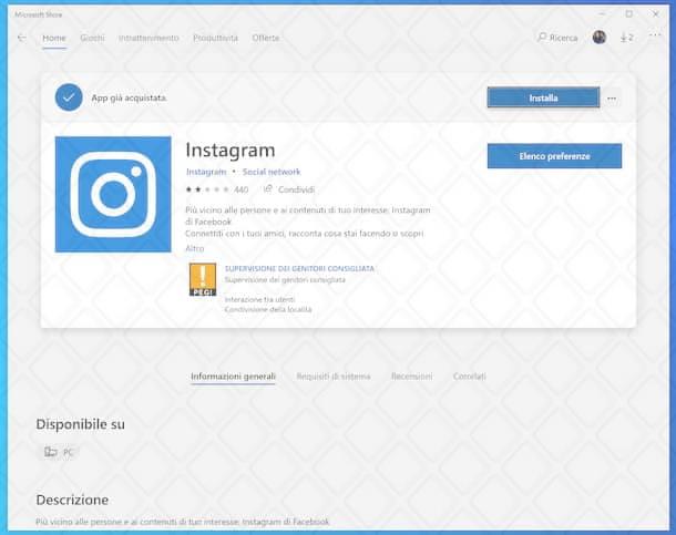 Reinstallazione di Instagram su Windows 10