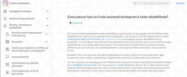 Disabilitazione Instagram per violazioni