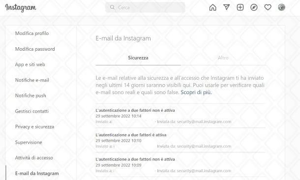 Verifica l'email ricevute da Instagram