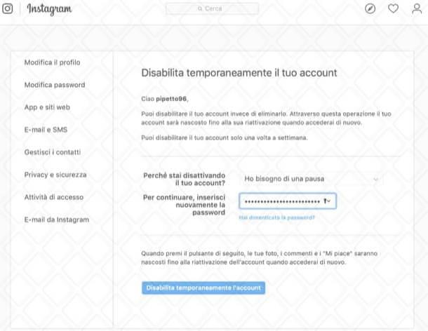 Come sospendere temporaneamente l'account Instagram