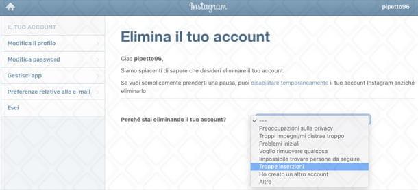 Eliminare account Instagram