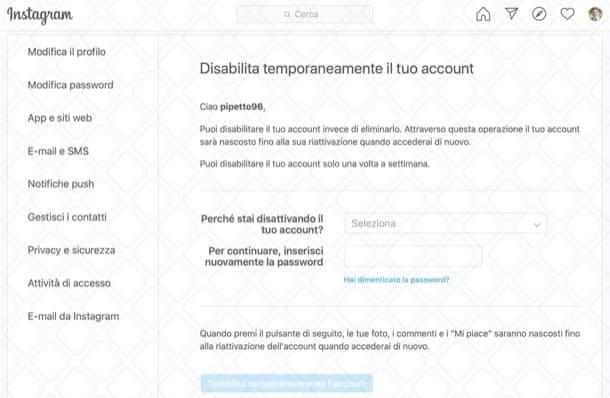 Disattivare Instagram