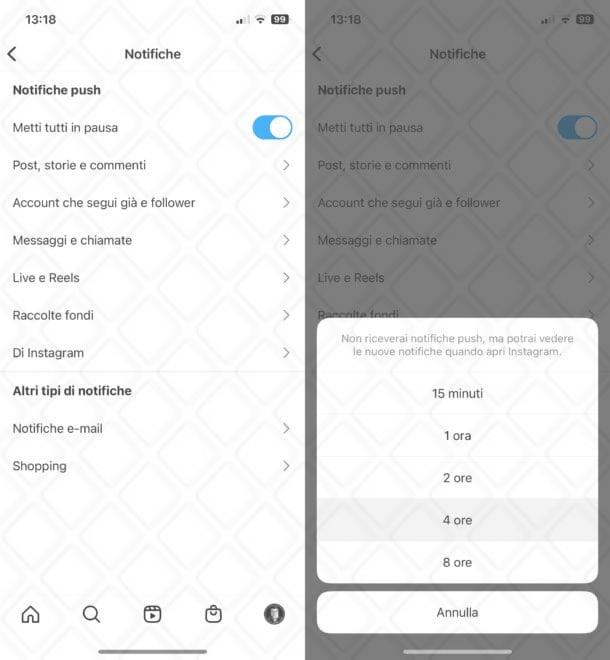 Disattivare notifiche Instagram