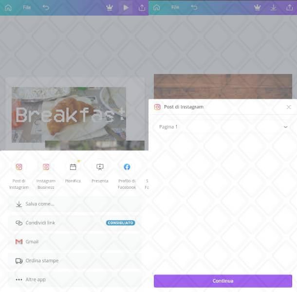 come esportare un progetto Canva su Instagram dall'app