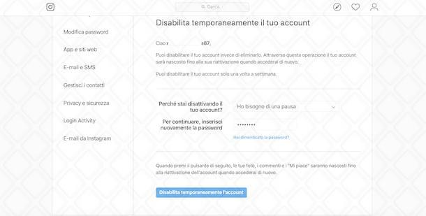 Disattivare account Instagram da PC