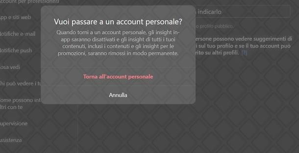 Modifica account personale Instagram da PC