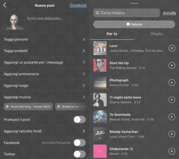 Condividere la musica su Instagram nei post