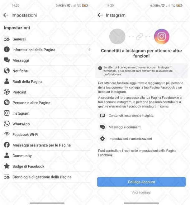 Collegare pagina Facebook a pagina Instagram da app Facebook