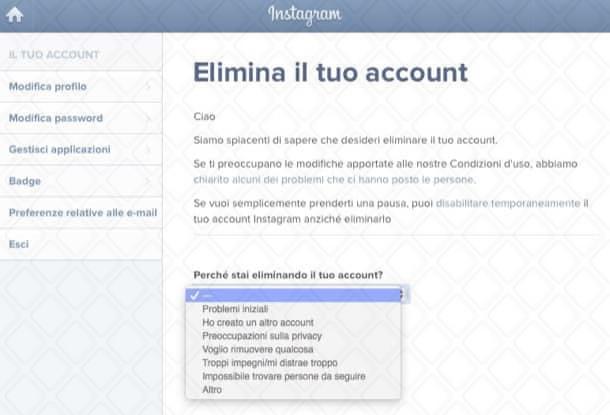 Istruzioni per eliminare l'account Instagram