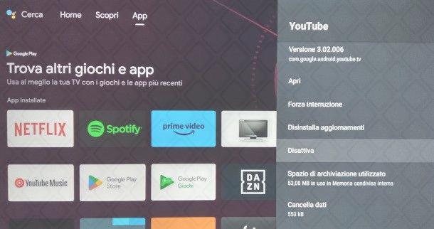 Disattivazione di YouTube su Android TV