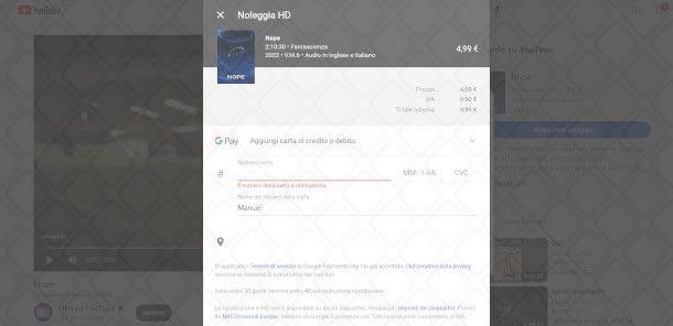 selezione metodo di pagamento per acquisto film su sito YouTube