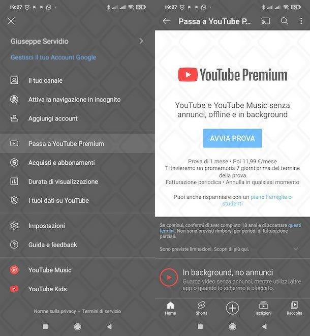 Sottoscrizione a YouTube Premium da dispositivo mobile