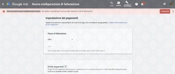 Schermata di fatturazione Google Ads