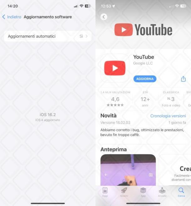 Come aggiornare il sistema operativo e l'app di YouTube