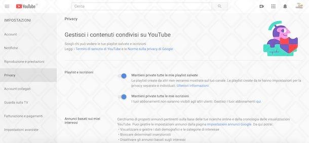 Modificare impostazioni privacy canale YouTube